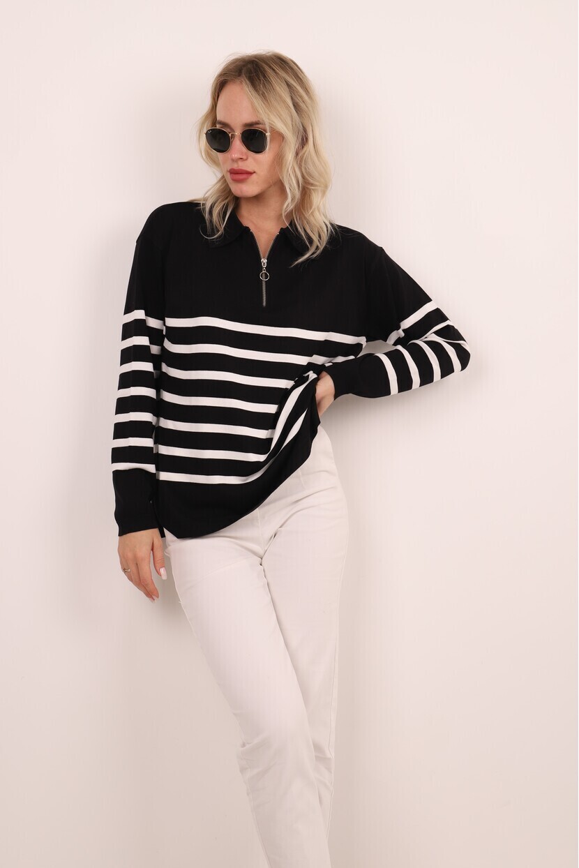 SİYAH BEYAZ FERMUARLI ÇİZGİLİ TRİKO