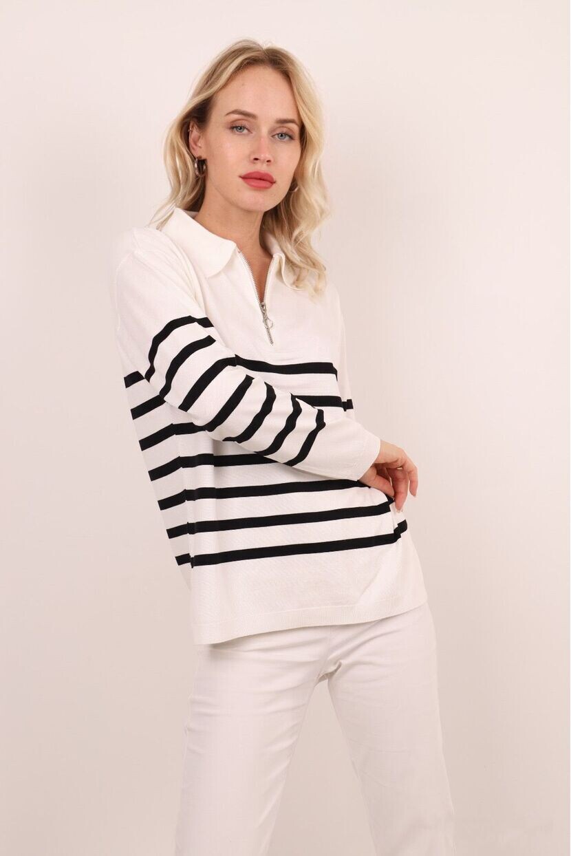 SİYAH BEYAZ FERMUARLI ÇİZGİLİ TRİKO