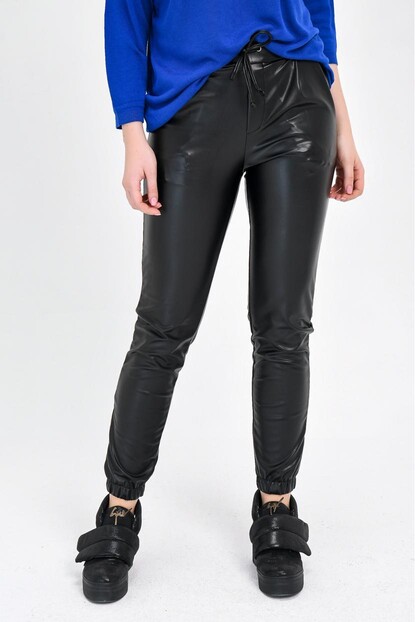 Paça Büzgülü Deri Pantalon 