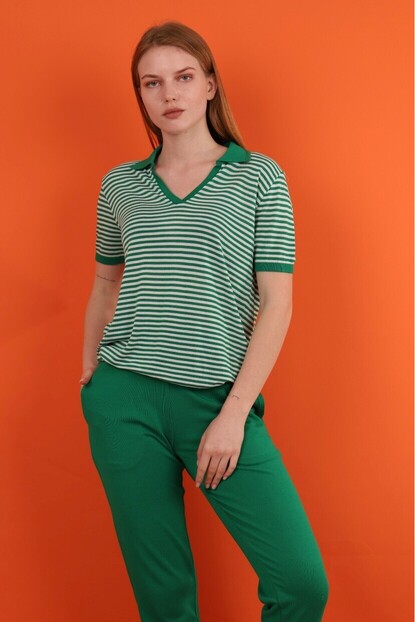 Polo Yaka Çizgili Triko