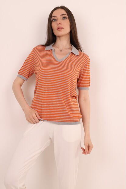Polo Yaka Çizgili Triko