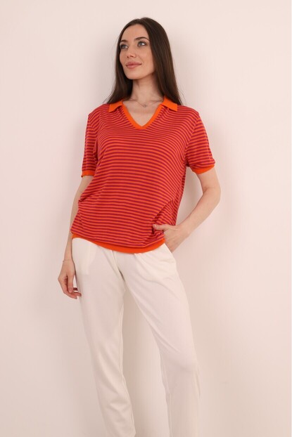 Polo Yaka Çizgili Triko