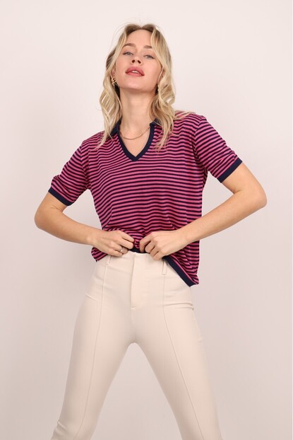 Polo Yaka Çizgili Triko