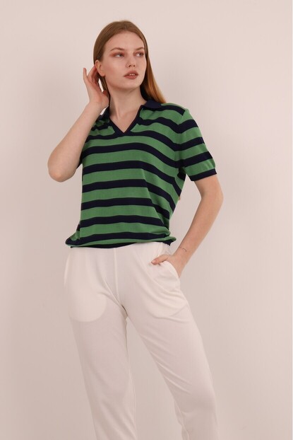 Polo Yaka Kalın Çizgili Triko