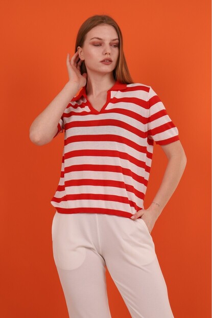 Polo Yaka Kalın Çizgili Triko