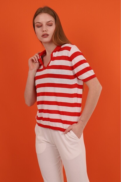 Polo Yaka Kalın Çizgili Triko