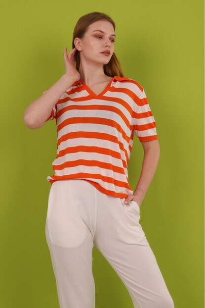 Polo Yaka Kalın Çizgili Triko