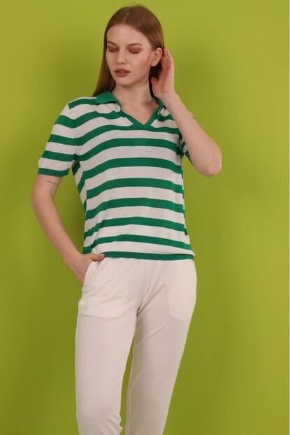 Polo Yaka Kalın Çizgili Triko