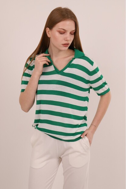 Polo Yaka Kalın Çizgili Triko