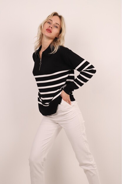 SİYAH BEYAZ FERMUARLI ÇİZGİLİ TRİKO