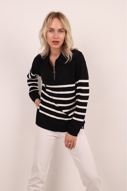 SİYAH BEYAZ FERMUARLI ÇİZGİLİ TRİKO