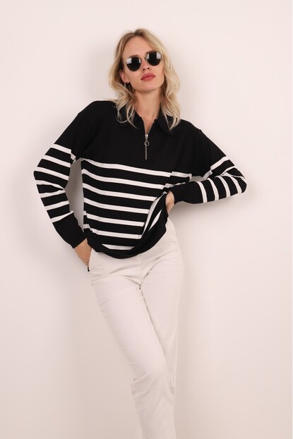SİYAH BEYAZ FERMUARLI ÇİZGİLİ TRİKO