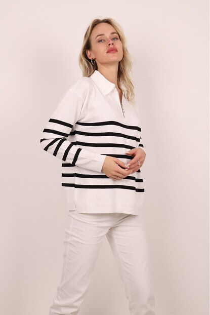 SİYAH BEYAZ FERMUARLI ÇİZGİLİ TRİKO