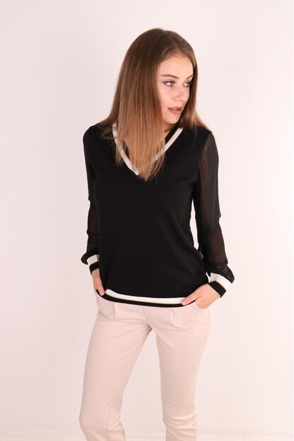 Üç renk Detaylı Kolu Şifon Triko