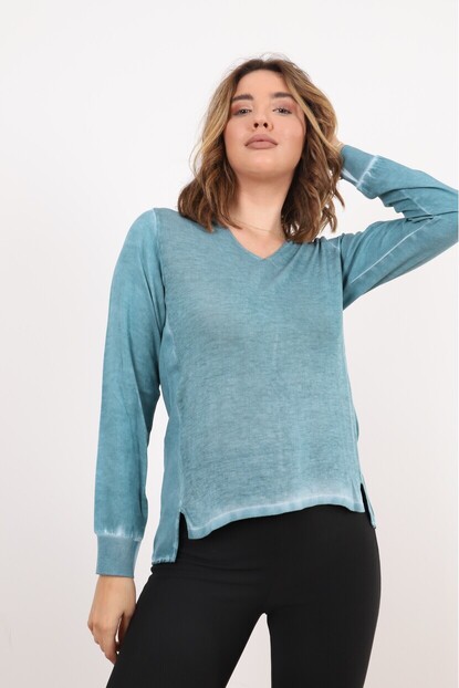 V Yaka Triko Dokuma Karışımlı Bluz