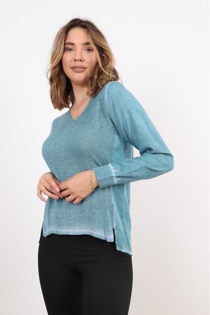 V Yaka Triko Dokuma Karışımlı Bluz