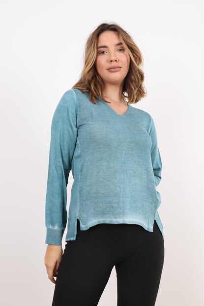 V Yaka Triko Dokuma Karışımlı Bluz