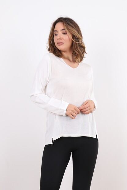 V Yaka Triko Dokuma Karışımlı Bluz