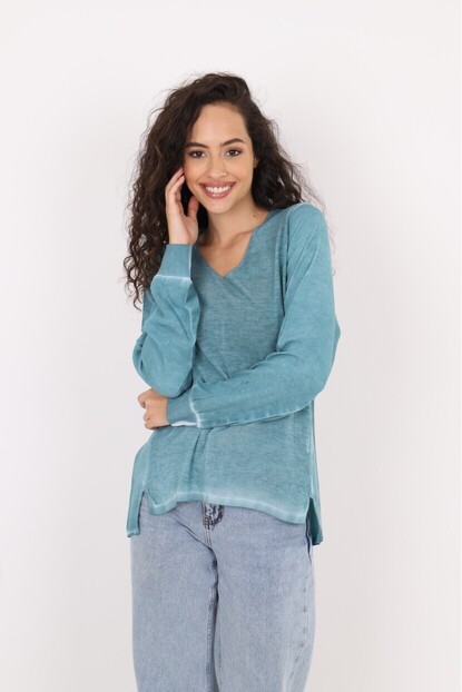 V Yaka Triko Dokuma Karışımlı Bluz