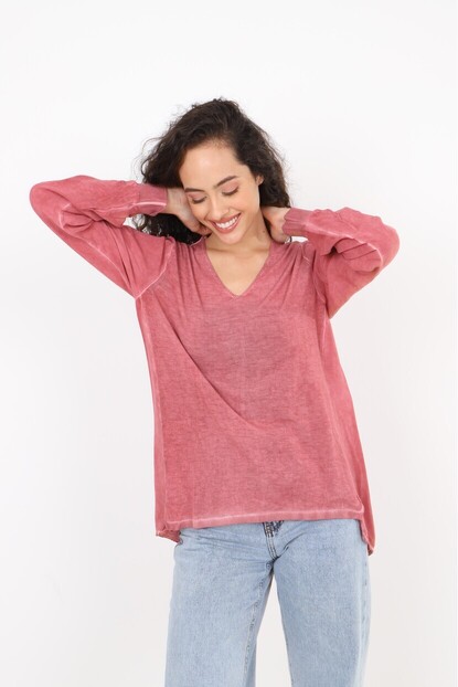 V Yaka Triko Dokuma Karışımlı Bluz