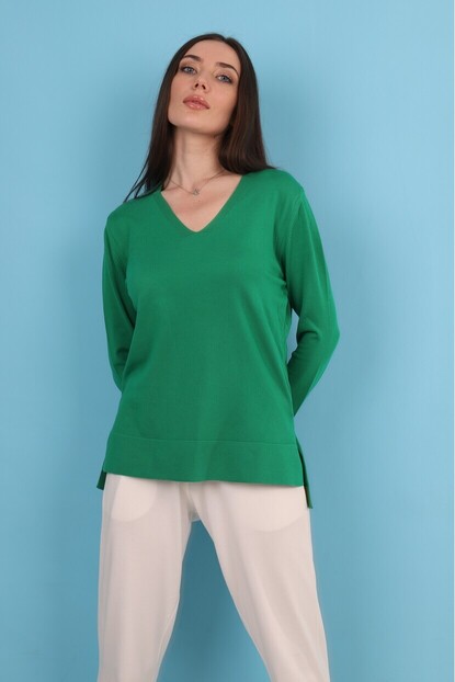 V Yaka Yeşil Triko